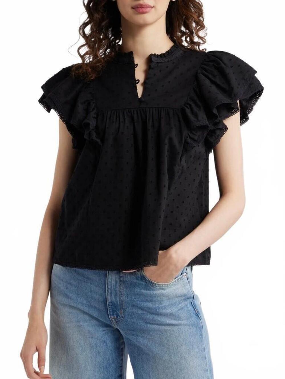 Treasure & Bond Ruffle Sleeve Clip Dot Top NWT Black Large